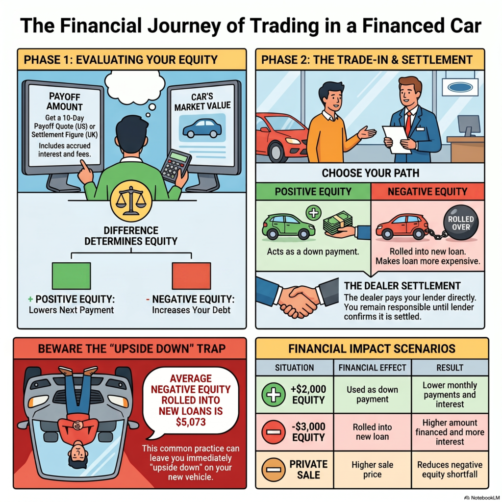 Can you trade in a financed car infographic showing payoff amount, market value, positive equity, negative equity, and trade-in settlement.