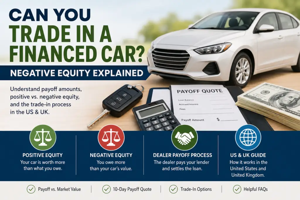 Can you trade in a financed car featured image showing payoff quote, car value, positive equity, negative equity, and dealer payoff process.