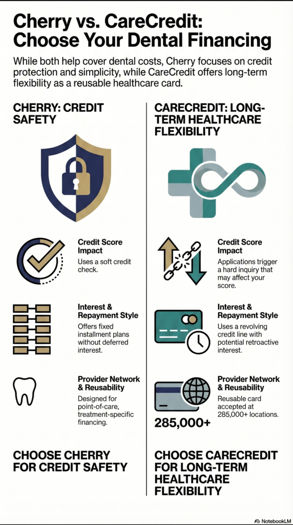 Compare Cherry vs CareCredit for dental financing. Learn how they differ in credit checks, repayment style, provider use, and deferred-interest risk.
