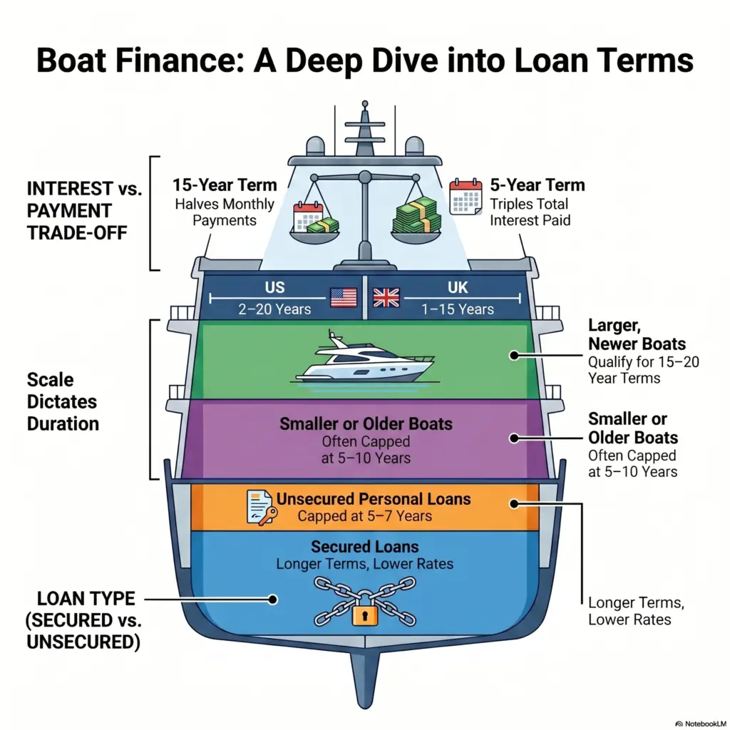 How long can you finance a boat depends on the loan amount, the lender, the boat's age, and where you live.