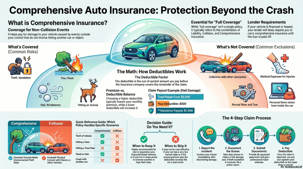 Comprehensive insurance is a type of auto insurance coverage that helps pay for damage to your vehicle from events other than a collision. These events may include theft, vandalism, fire, flood, hail, falling objects, windstorms, and animal damage.