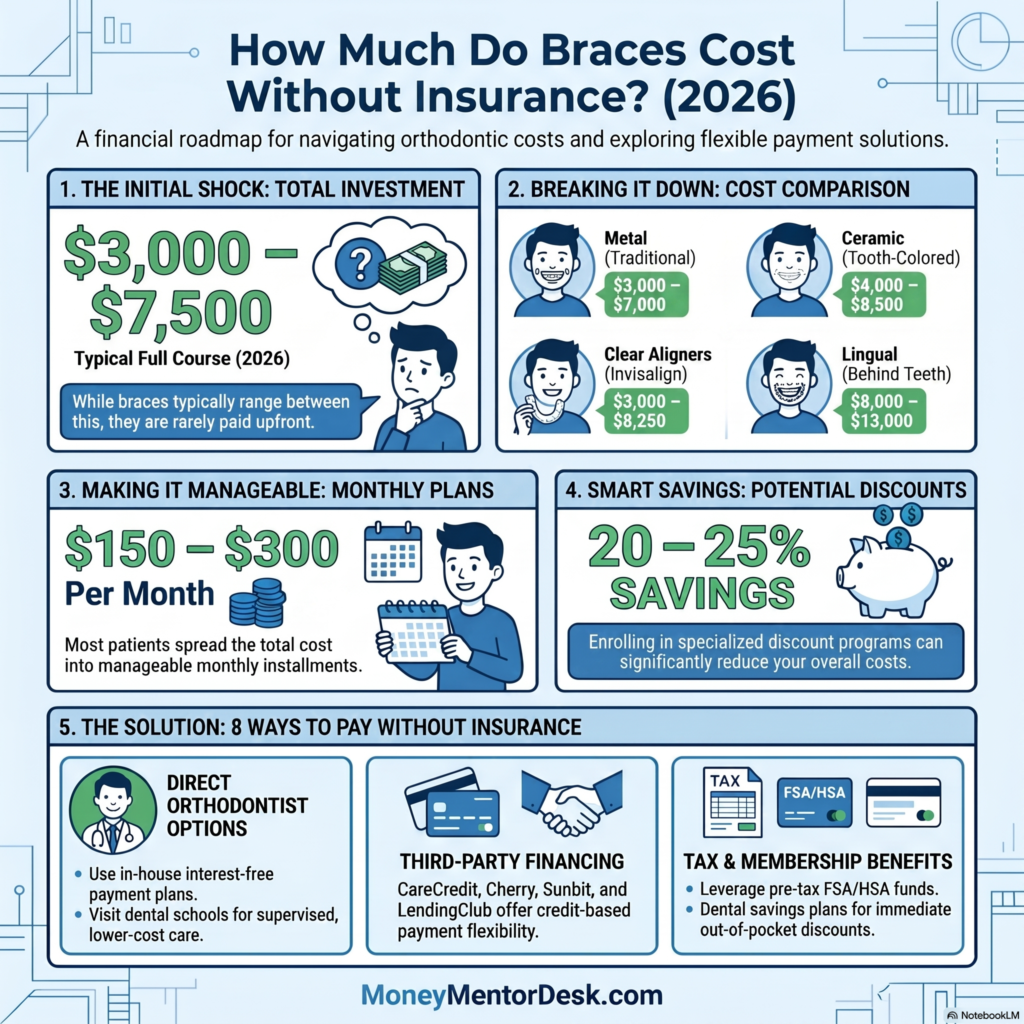 How much do braces cost without insurance infographic showing $3,000–$7,500 typical cost, monthly plans, and ways to pay.