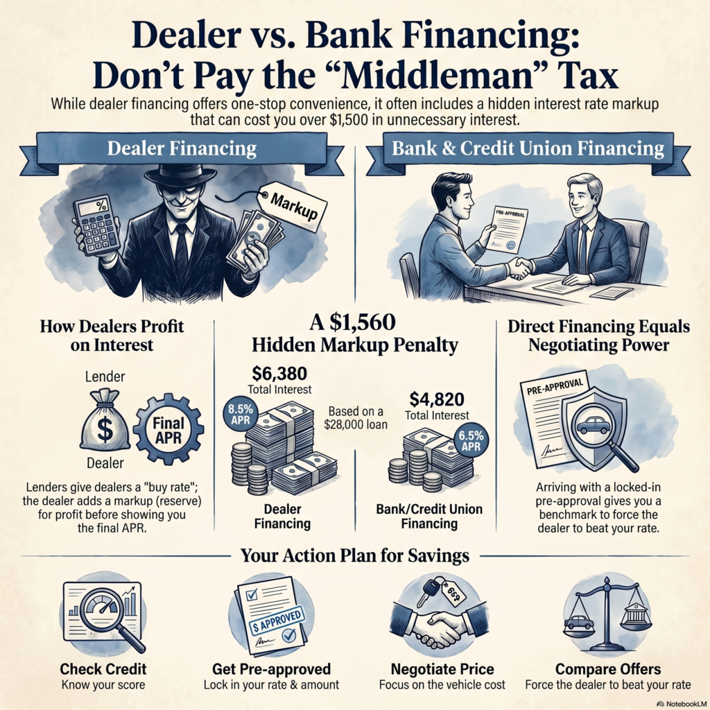 Infographic comparing dealer vs bank financing on a $28,000 car loan — dealer financing at 8.5% APR costs $6,380 in interest vs bank financing at 6.5% APR costing $4,820, a $1,560 difference — with a 4-step savings plan: check credit, get pre-approved, negotiate price, compare offers.