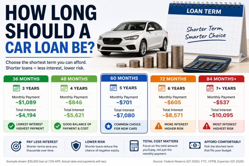How long should a car loan be, comparing 36 to 84 month terms, monthly payments, and total loan cost