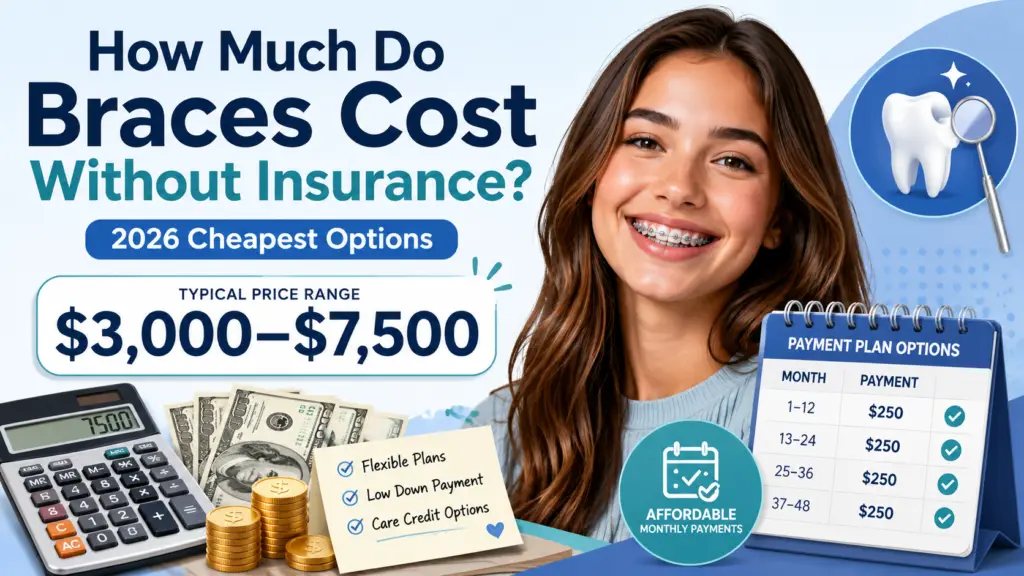 How much do braces cost without insurance featured image showing braces, $3,000–$7,500 price range, calculator, and monthly payment options.