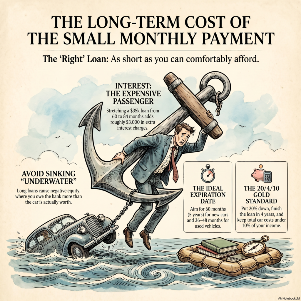 An illustrated finance graphic showing a borrower weighed down by an anchor labeled as interest while a car sinks underwater, representing the risk of long car loan terms, higher total interest, and negative equity.