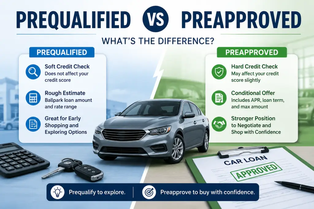 Infographic comparing prequalified vs preapproved car loans with credit check, loan estimate, APR, and negotiation differences.