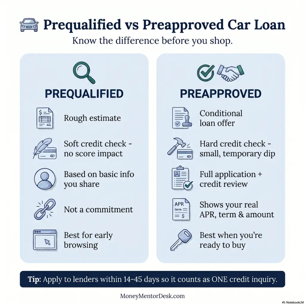 Prequalification helps you explore car loan options, while preapproval gives you stronger terms to negotiate before buying.