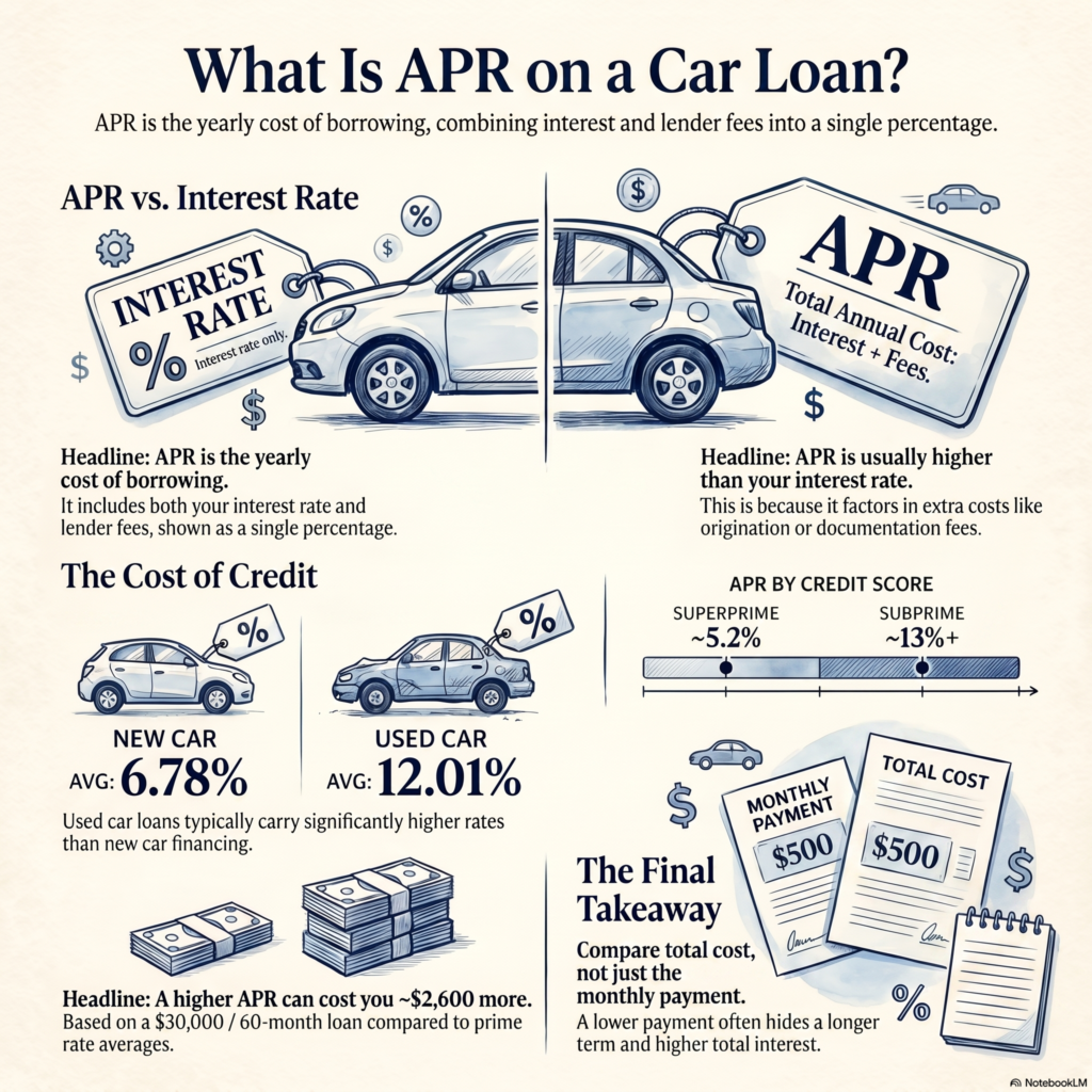 What is APR on a car loan infographic: APR vs interest rate, average new-car APR 6.78% and used-car APR 12.01%, APR by credit score (superprime ~5.2% vs subprime ~13%+), and a reminder to compare total cost, not just the monthly payment.