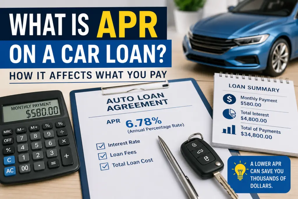 What is APR on a car loan featured image showing APR percentage, auto loan agreement, calculator, car key, and monthly payment cost.