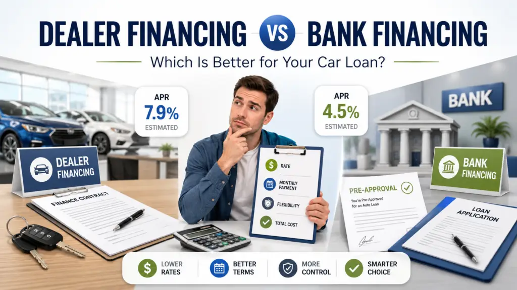 Dealer financing vs bank financing comparison showing a car buyer comparing APR rates, loan offers, dealer markup, and bank pre-approval.