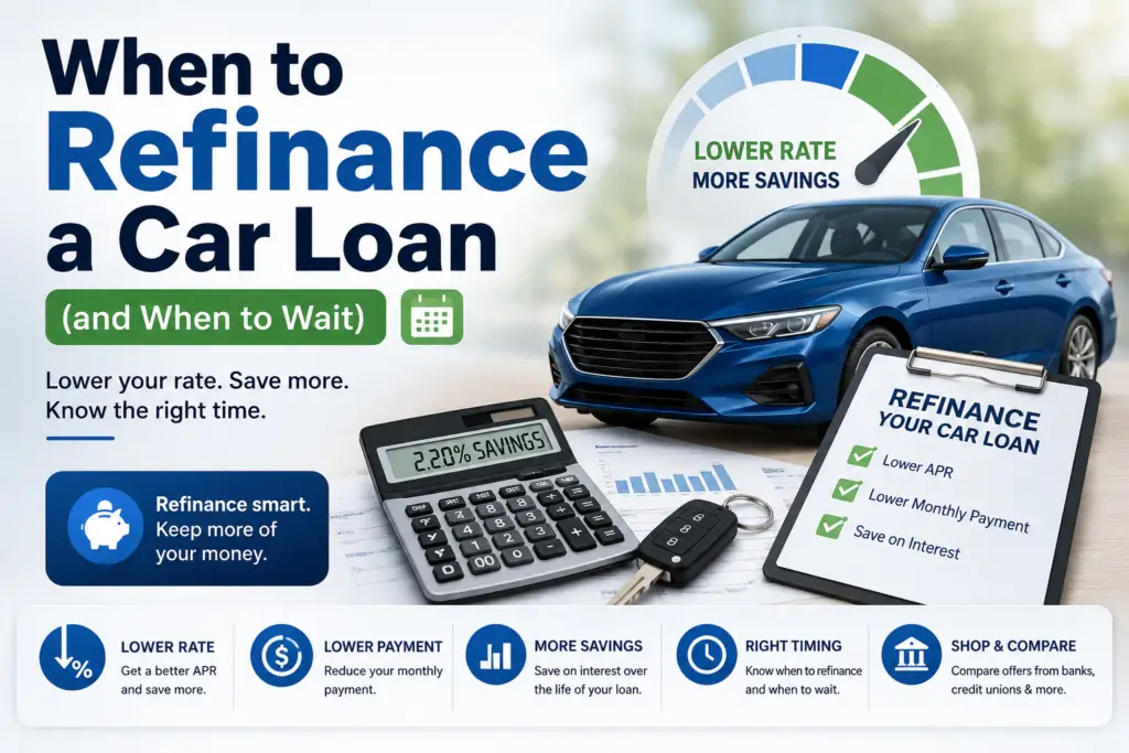 Featured image showing car loan refinancing with a blue car, calculator, checklist, lower APR, monthly payment savings, and refinance timing.