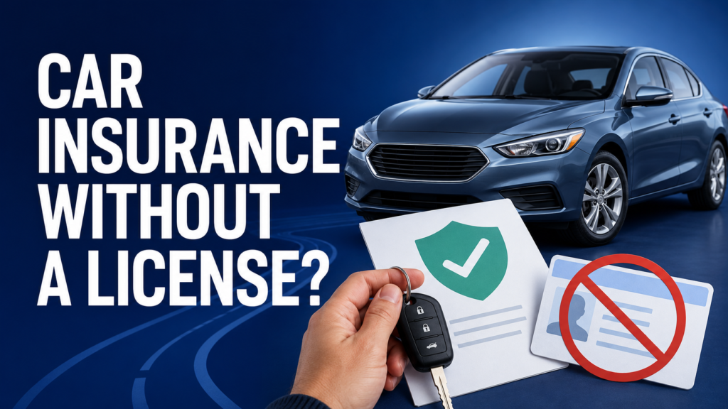 Can you get car insurance without a license? Car keys, insurance document, blue car, and crossed-out driver’s license.