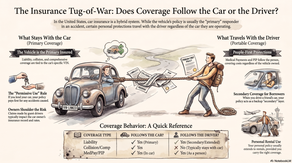Does car insurance follow the car or the driver? Illustrated comparison of vehicle-based coverage, driver protections, permissive use, and rental coverage.