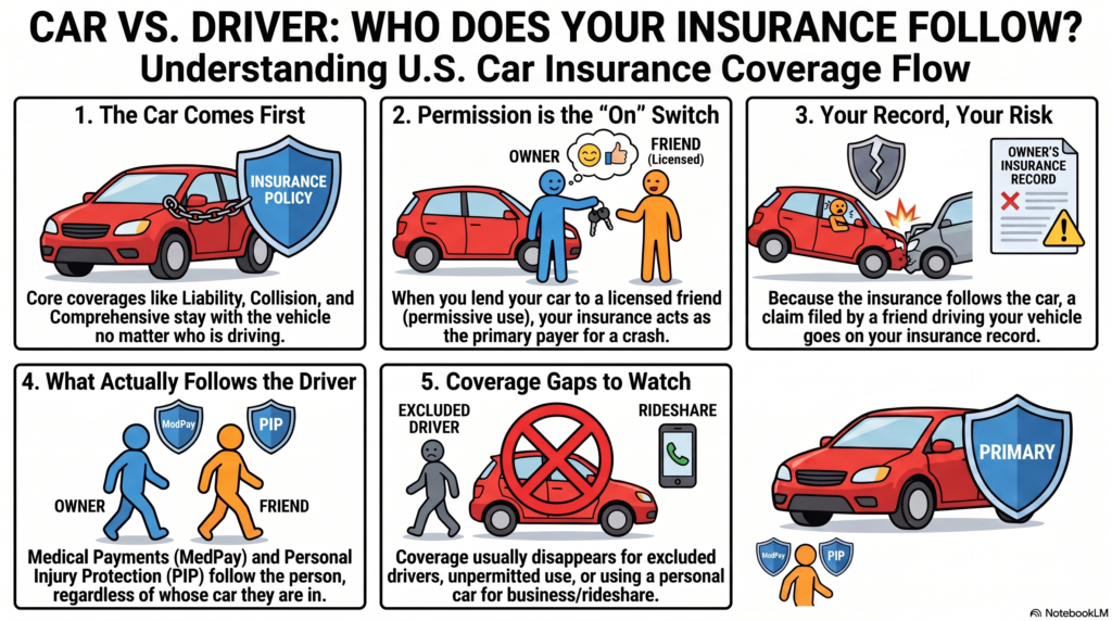 Does car insurance follow the car or the driver? Five-panel guide explaining primary coverage, permissive use, MedPay, PIP, and coverage gaps.
