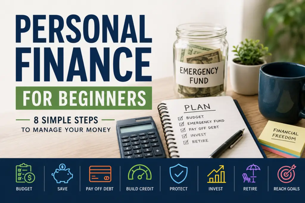 Personal finance for beginners guide with budget, savings, debt, credit, investing, and retirement icons.