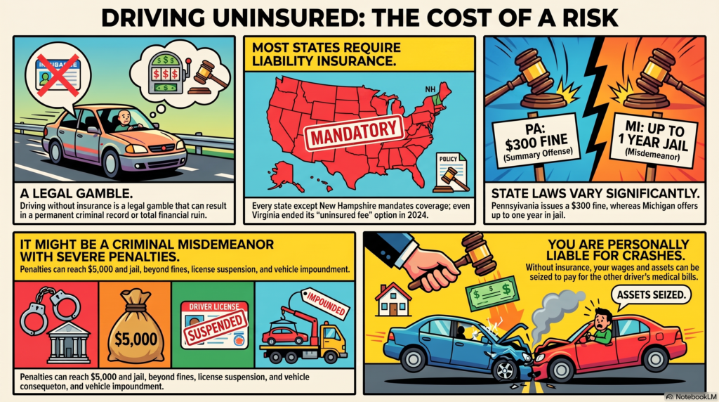 Infographic on driving without insurance: mandatory in every US state except New Hampshire, penalties that vary by state (from a $300 fine in Pennsylvania to up to a year in jail in Michigan), plus license suspension, impound, and personal liability for crashes.