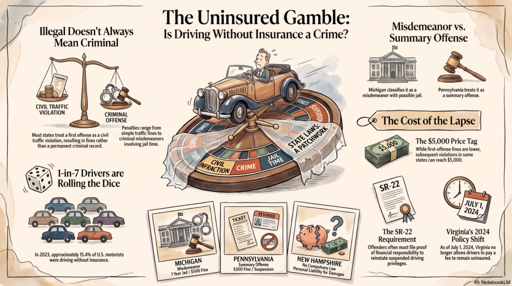 Is driving without insurance a crime? In most US states it's illegal, and some treat it as a misdemeanor. See fines, suspension, SR-22, and state examples.