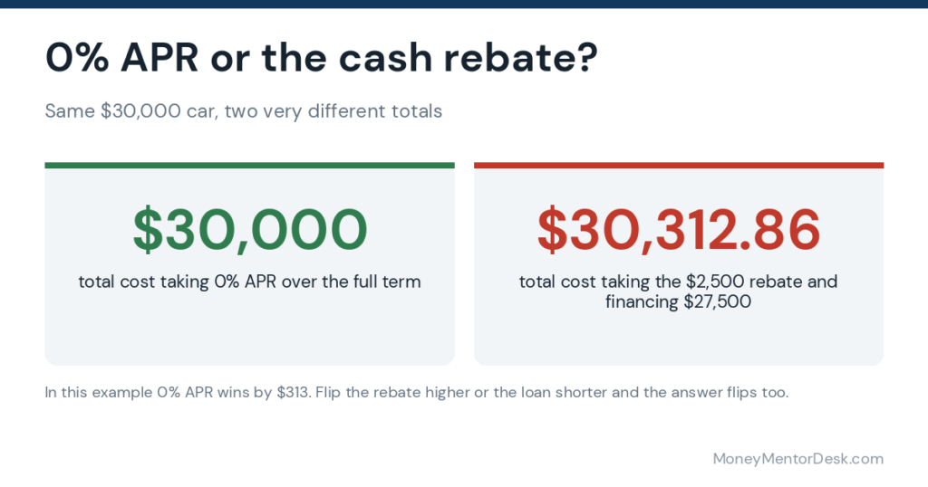 0% APR total cost of $30,000 compared with $30,312.86 when taking a $2,500 cash rebate