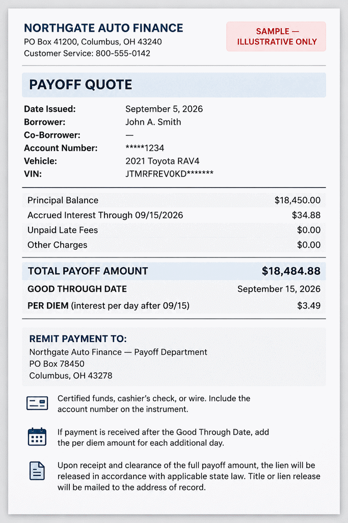 10-day payoff letter example showing a sample auto loan payoff quote with borrower details, principal balance, accrued interest, total payoff amount, good-through date, per diem interest, and payment instructions.