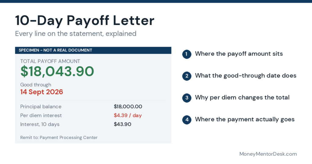 Annotated 10-day payoff letter example showing the payoff amount, good-through date and per diem interest
