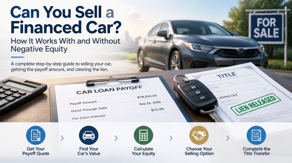 Can You Sell a Financed Car guide showing payoff quote, car value calculation, equity, lien release, and title transfer process.