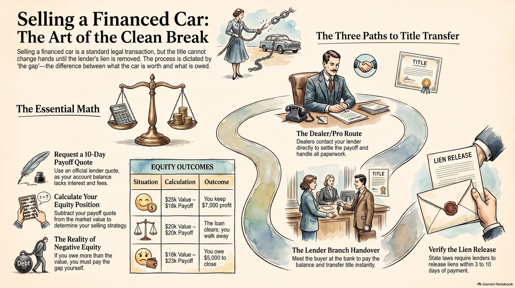 Can you sell a financed car guide showing payoff quote, equity calculation, title transfer, and lien release process.