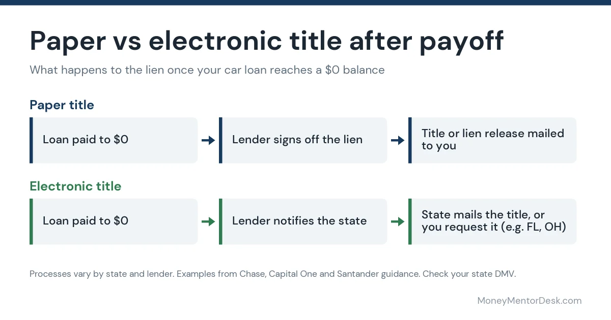 Lien release after car payoff for paper and electronic titles: the lender signs off the lien and mails the title, or notifies the state, which mails the title or waits for your request