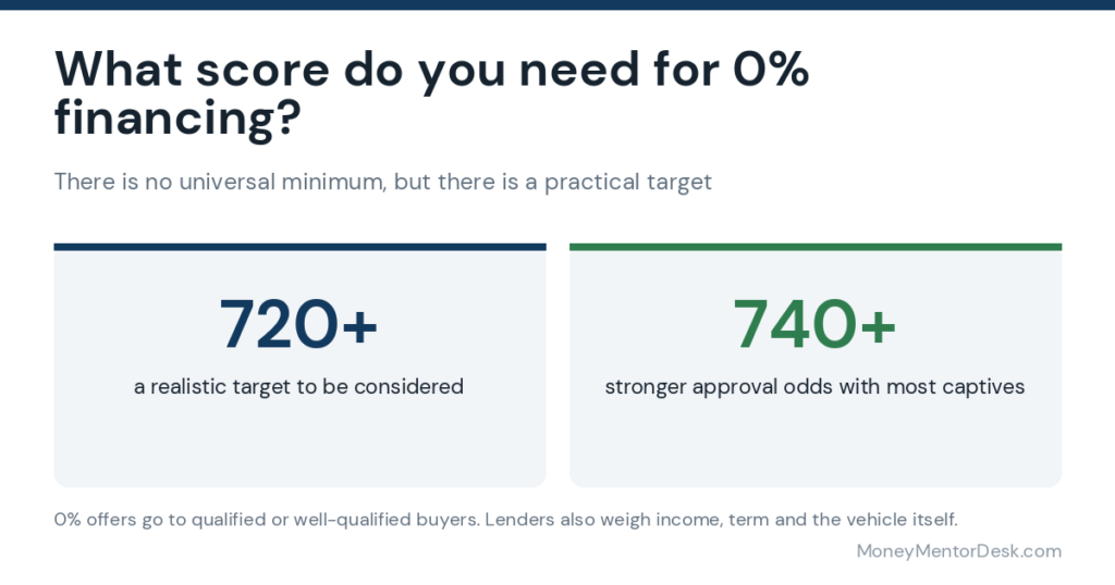 Credit score targets for 0% car financing: 720 plus to be considered, 740 plus for stronger odds