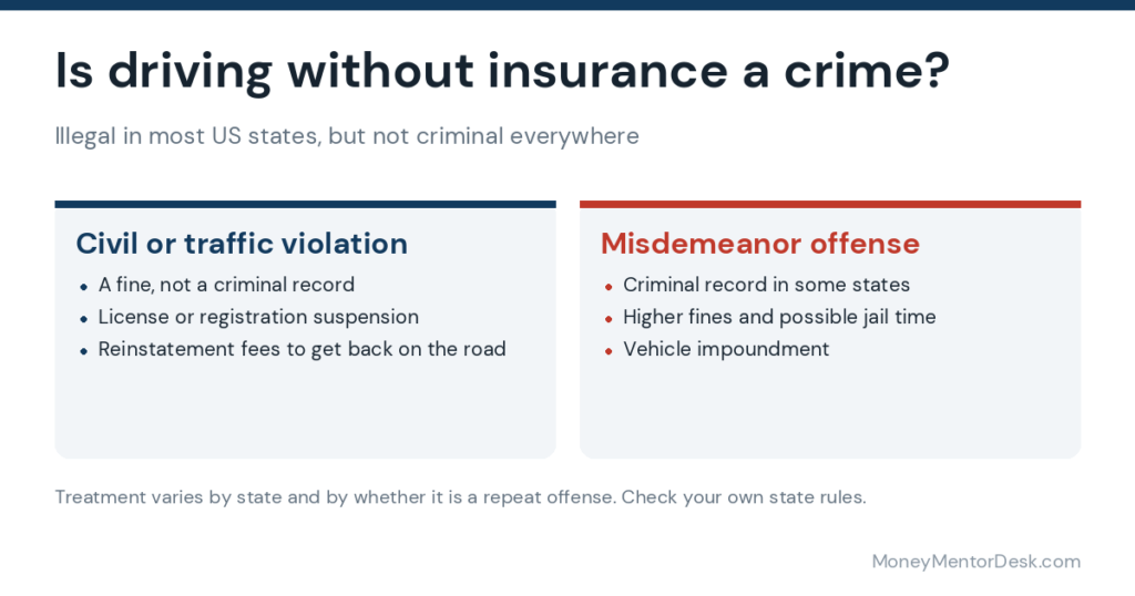 Driving uninsured as a civil traffic violation versus a misdemeanor offense in US states
