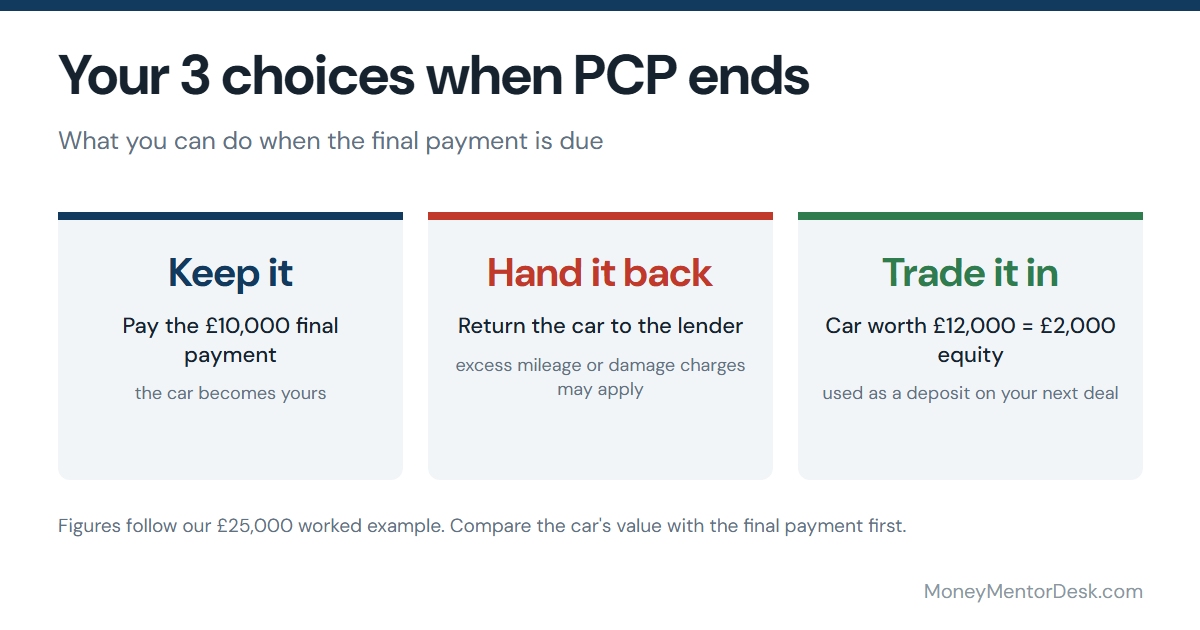 Three choices at the end of PCP finance: pay the final payment to keep the car, hand it back, or trade it in using equity