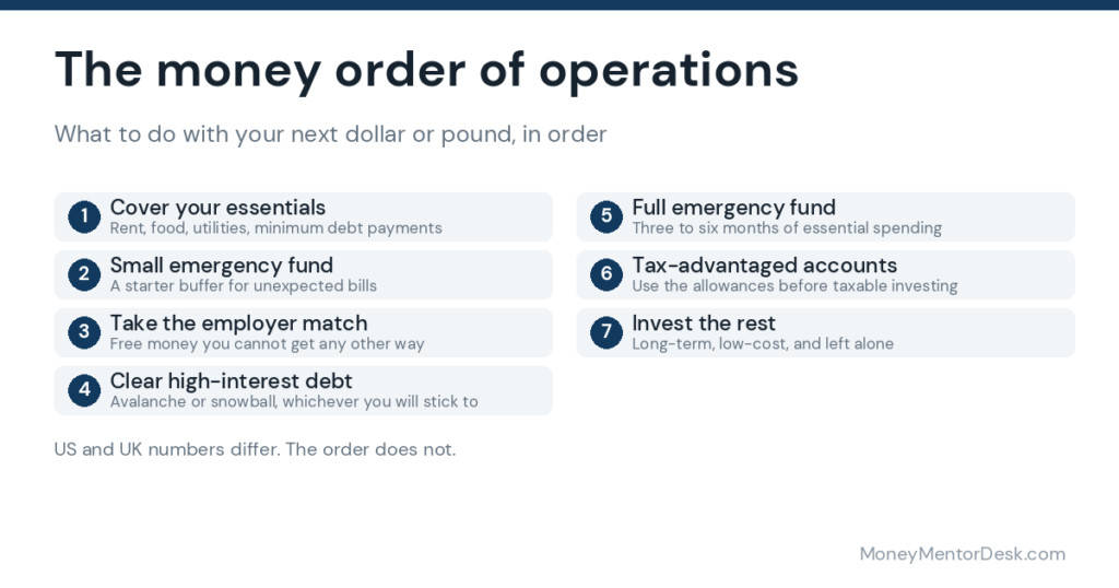 Seven-step money order of operations from covering essentials through to investing
